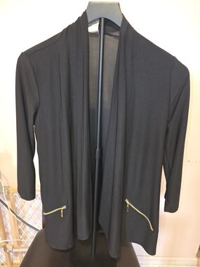 Wrapper Black Open-Front Cardigan with Gold Zippers